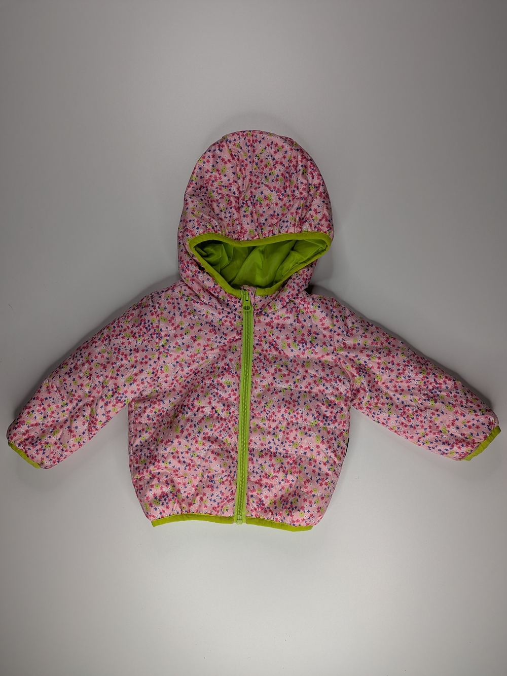Joe Fresh Pink Floral Hooded Puffer Jacket with Lime Trim